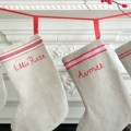 Hand embroidered Christmas stockings made from vintage linens