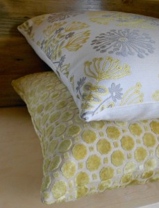 silver and yellow pillows from luxe fabric