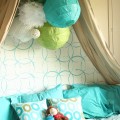 Girls Bedroom with stenciled wall and crown cornice canopy bed blue and green (2)
