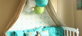 Girls Bedroom with stenciled wall and crown cornice canopy bed blue and green (2)