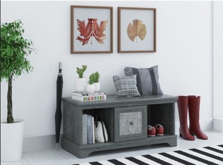 Beautiful gray storage bench, perfect for an entry | 100+ Beautiful Mudrooms and Entryways at Remodelaholic.com