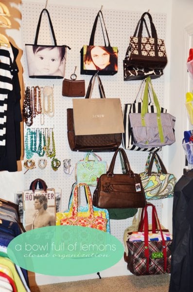 Pegboard wall to organize purses, belts, and accessories