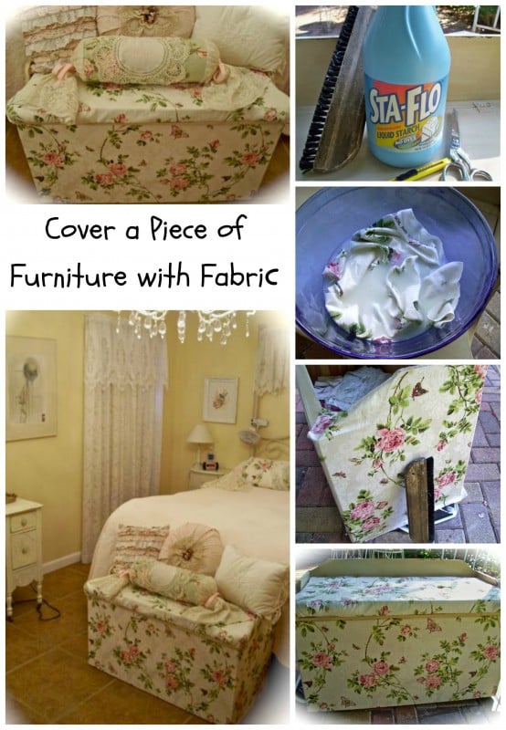 Shabby Chich Trunk Makeover Starching fabric to wood