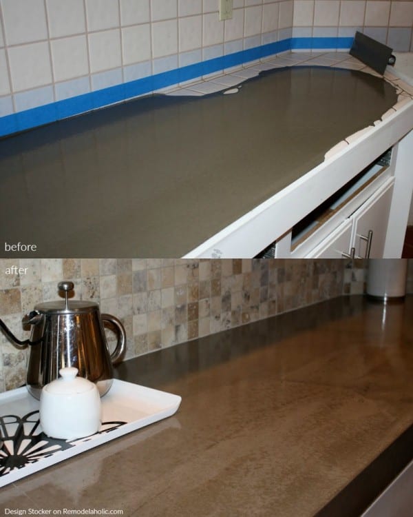 Before And After Poured Quick Install Concrete Countertops Over Existing Tile Countertop @Remodelaholic
