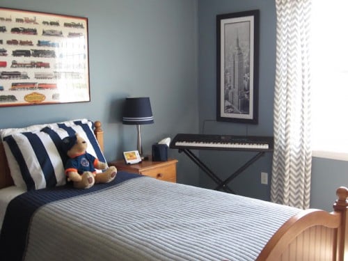 Blue Boys Bedroom Makeover With Chevron Curtains | Remodelaholic