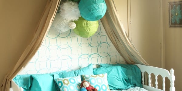 Girls Bedroom with stenciled wall and crown cornice canopy bed blue and green (2)