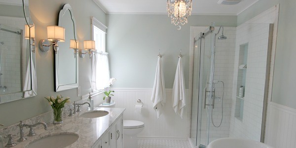 elegant master bath with glass shower, featured on Remodelaholic