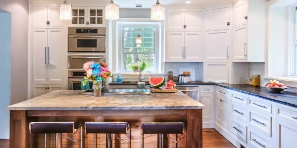 white country kitchen remodel with chrome barstools