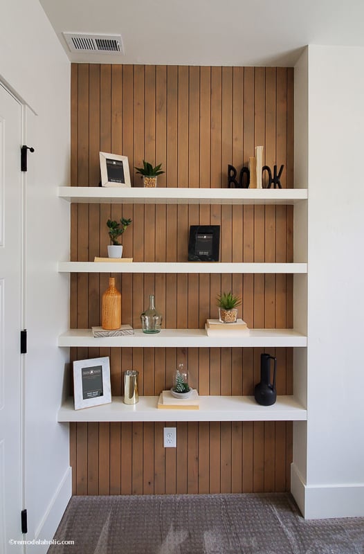 How to Decorate a Hallway: Floating Shelves and Vertical Plank Shiplap