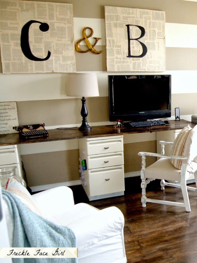 Cropped Office With Decoupaged Brown Paper Faux Wood Plank Floor Freckle Face Girl For Remodelaholic.jpg