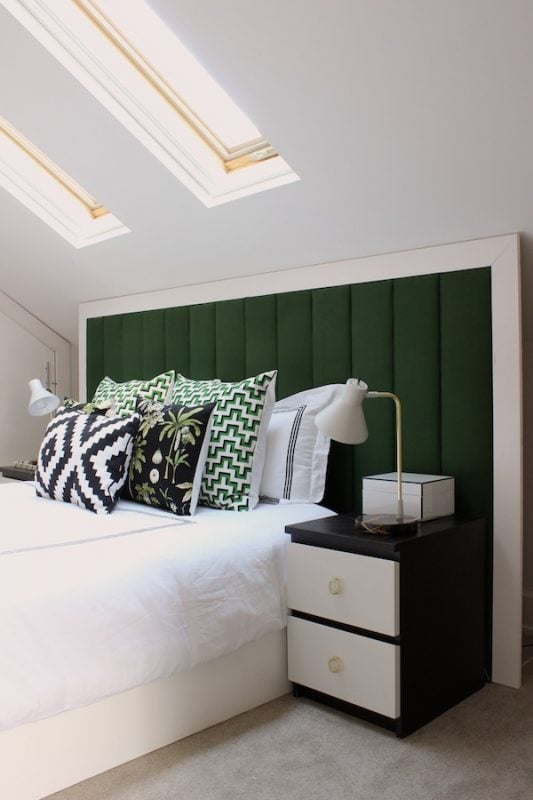 extra wide flat rectangle quilted upholstered headboard in green, Fabric Paper Glue