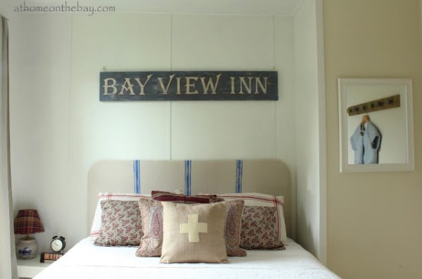 french linen striped rounded square headboard via Remodelaholic