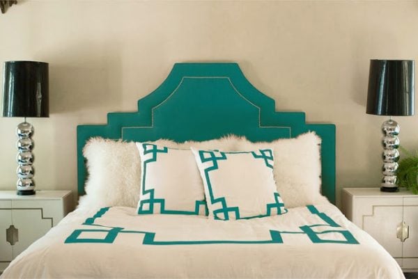 stepped scooped keystone headboard in turquoise, via Sadie and Stella