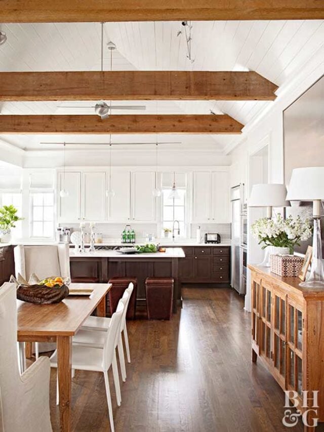 How To Mix Wood Tones, Light And Dark Wood Kitchen Via BHG