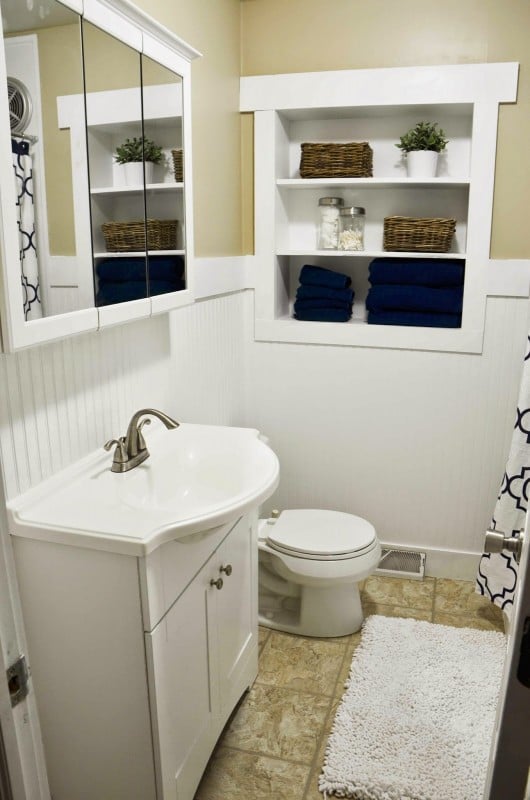 white bathroom remodel with in-wall shelving Since I Became A Mom