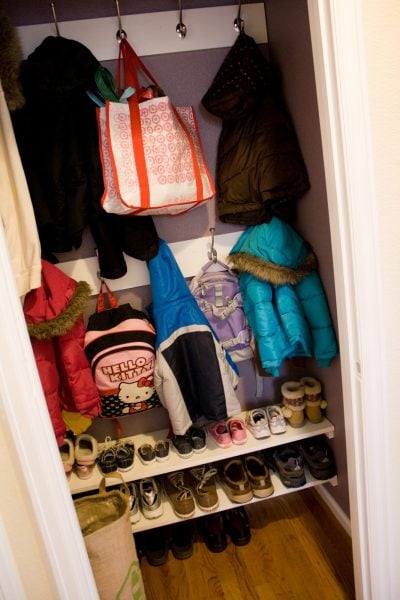 Is your coat closet small and cluttered? Turn your messy coat closet into an organized space with the help of these 11 coat closet ideas! 11 Ways to Upgrade Your Coat Closet via @tipsaholic #coatcloset #organize #closet #closets #diy
