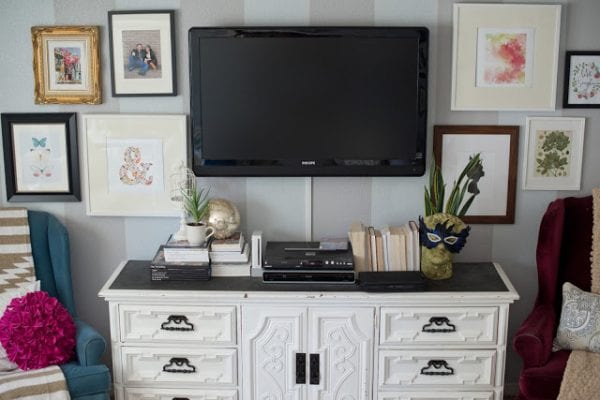 gallery wall around TV (Domestic Fashionista)