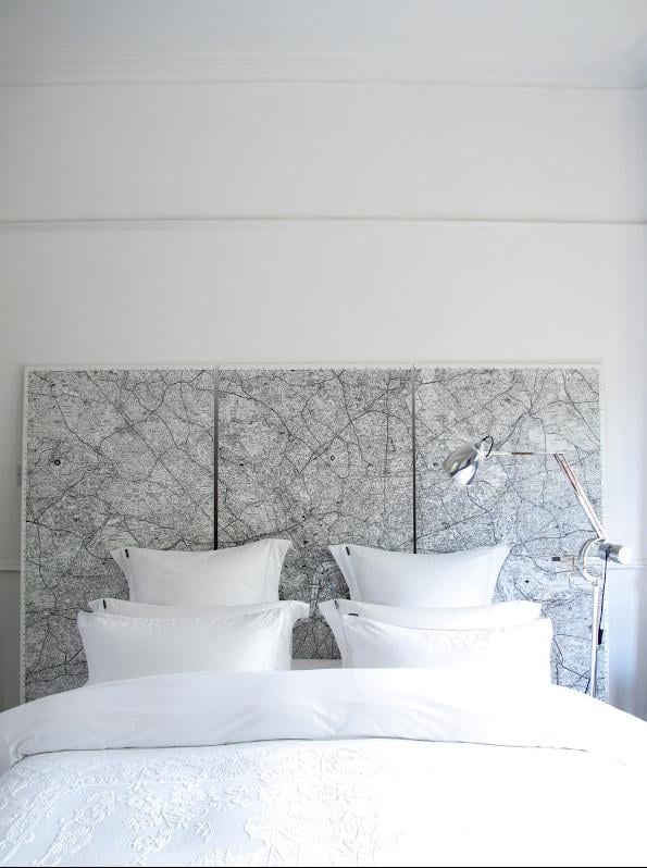 vintage maps as a headboard, could also be large wall art (via Remodelista)