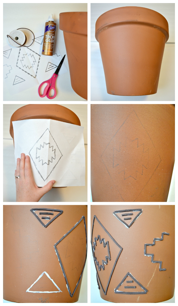 Easy embellished planter idea, plus a free template for this tribal-inspired design