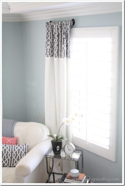 add patterned fabric to top of white curtains