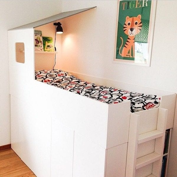 house shaped loft bed with storage cabinets underneath via mommodesigns