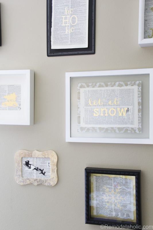 Black and gold gallery wall, using DIY gold prints (gold leaf, gold foil, gold paint, and gold glitter) and vintage dictionary pages. Full video tutorials. 