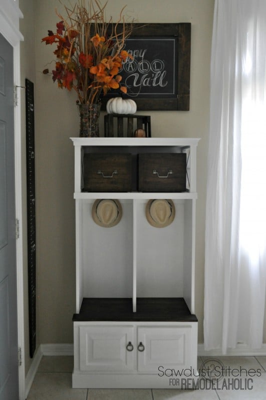 Turn an old microwave stand into an entryway locker for storage | 100+ Beautiful Mudrooms and Entryways at Remodelaholic.com