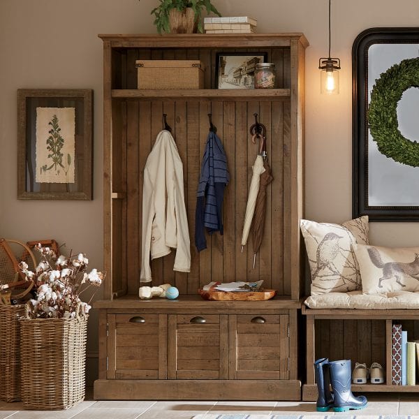 Gorgeous rustic hall tree with a reclaimed wood look. Wonder if I could hack this from bookcase | 100+ Beautiful Mudrooms and Entryways at Remodelaholic.com