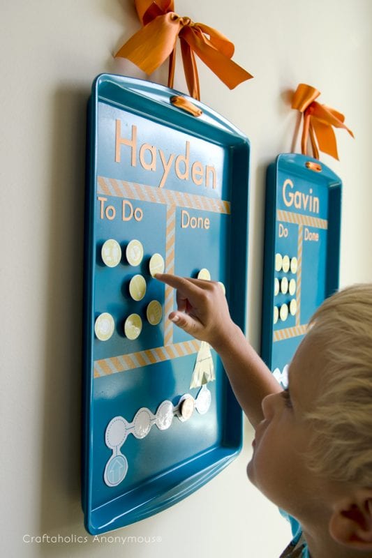 chore chart picture magnets on a cookie sheet for younger children who don't read yet, Craftaholics Anonymous