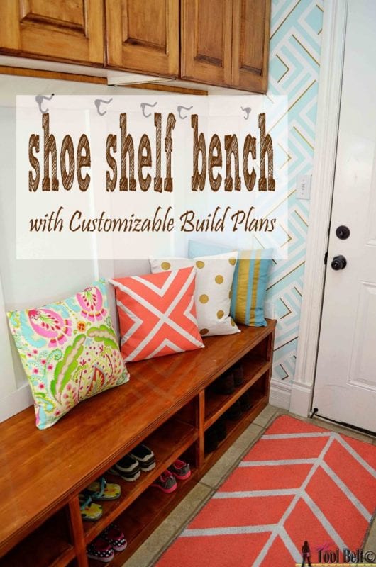 This DIY shoe shelf bench is perfect for an entryway! | 100+ Beautiful Mudrooms and Entryways at Remodelaholic.com