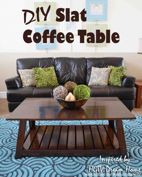 Inspired by a coffee table in a HGTV dream home. I love the trapezoid base and slats that make up this table. DIY slat coffee table with free plans.