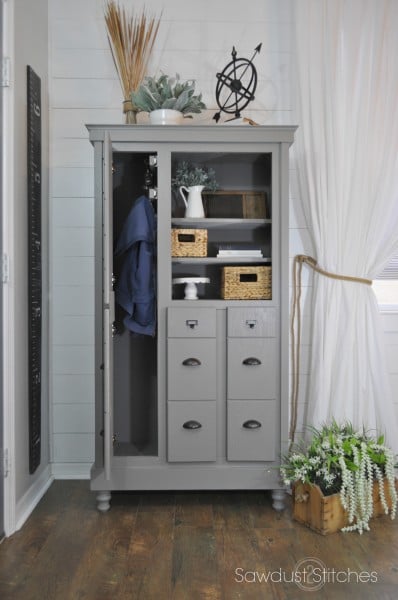 Mudroom cabinet made from a dresser | 100+ Beautiful Mudrooms and Entryways at Remodelaholic.com