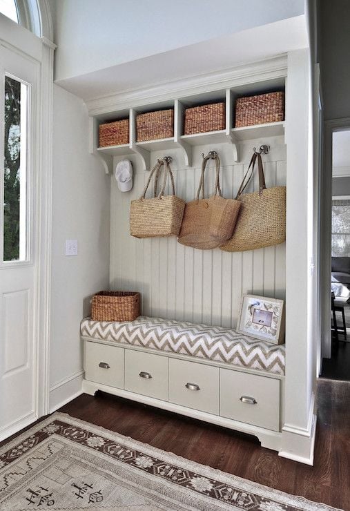 Amazing griege mudroom built-in cubbies | 100+ Beautiful Mudrooms and Entryways at Remodelaholic.com
