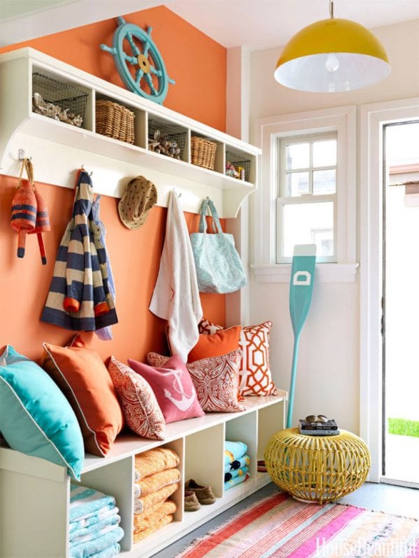 Love all the colors in this lake house mudroom | 100+ Beautiful Mudrooms and Entryways at Remodelaholic.com