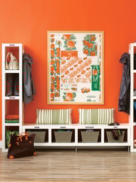 Orange Mudroom Organization, I need this bench and storage tower | 100+ Beautiful Mudrooms and Entryways at Remodelaholic.com