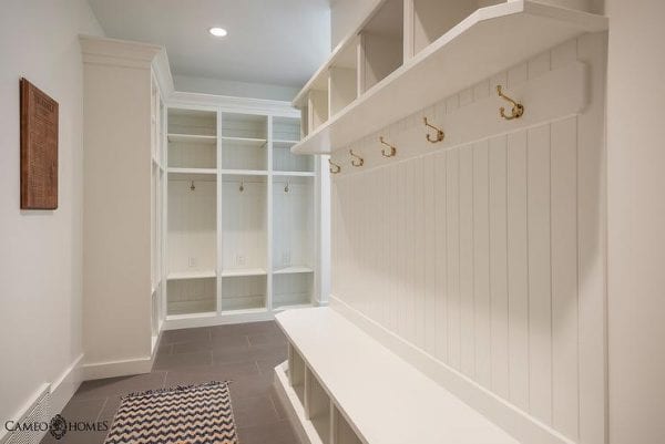 built-in mudroom with lockers and benches | 100+ Beautiful Mudrooms and Entryways at Remodelaholic.com