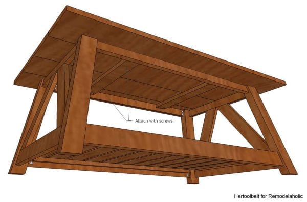 Inspired by a coffee table in a HGTV dream home. I love the trapezoid base and slats that make up this table. DIY slat coffee table with free plans.