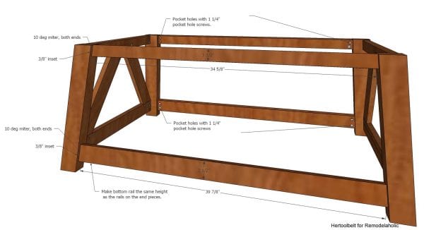 Inspired by a coffee table in a HGTV dream home. I love the trapezoid base and slats that make up this table. DIY slat coffee table with free plans.