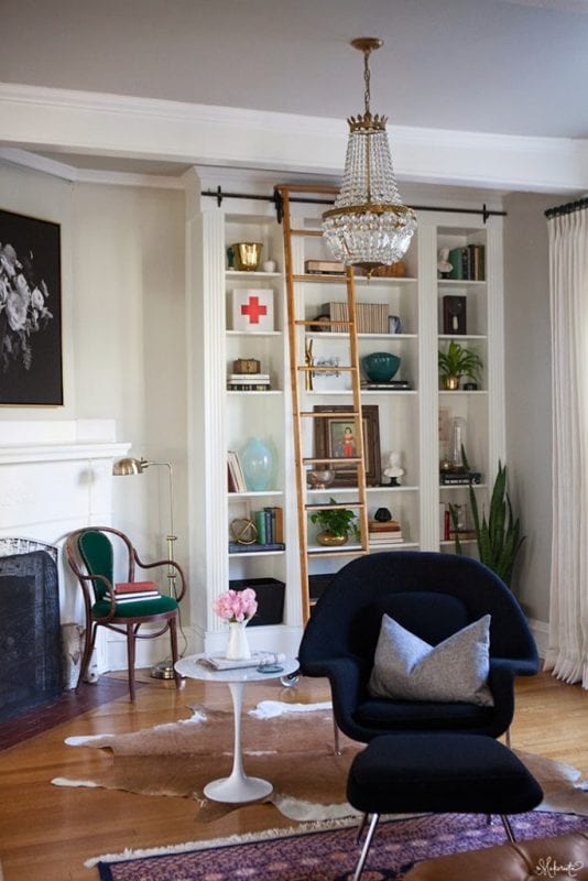The-Makerista-Ikea-Bookshelf-Hack-Billy-Built-ins-French-Basket-Chandelier-Library-Ladder-683x1024