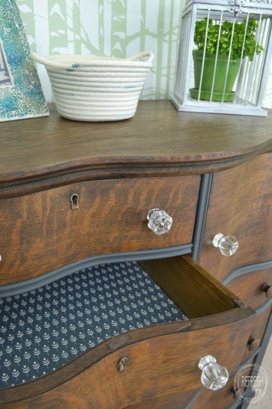 painted and stained antique dresser with lined drawers paper and fabric Refresh Living