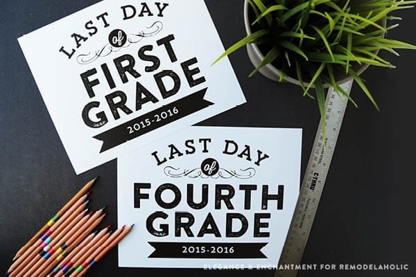 Free printable signs, sized 8 x 10 for the last day of school&mdash; from pre-school to 12th grade. Design by Elegance and Enchantment for Remodelaholic.