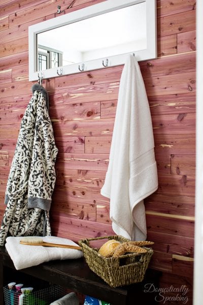 cedar planked bathroom wall Domestically Speaking