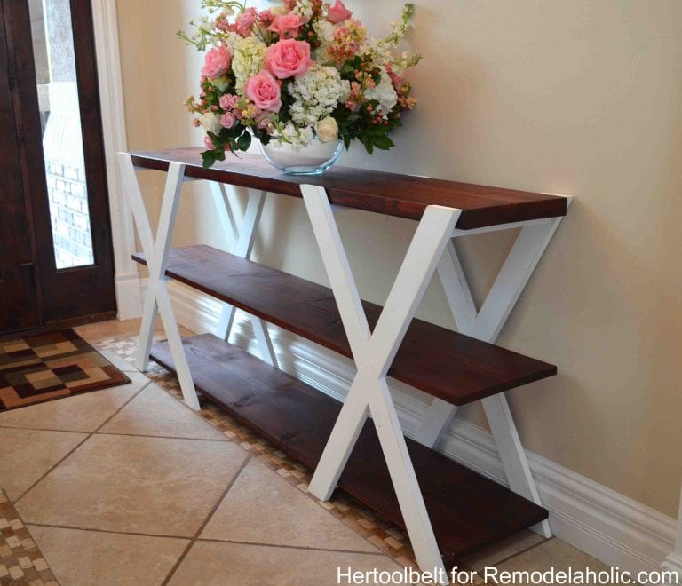 An easy build, DIY Double X console table for your entryway. Build for less than $50 with these free plans.