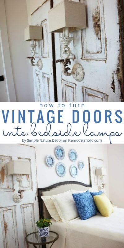 This set of vintage doors became an amazing set of bedside lamps! High-impact rustic glam style, for a beautiful guest bedroom. Learn how to turn a vintage door into a light fixture with this easy tutorial! by Simple Nature Decor @Remodelaholic