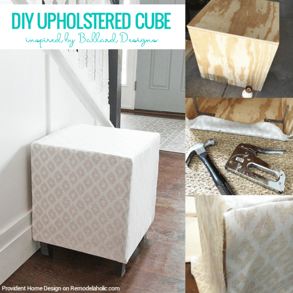 DIY upholstered cube ottoman or stool, Provident Home Design on @Remodelaholic