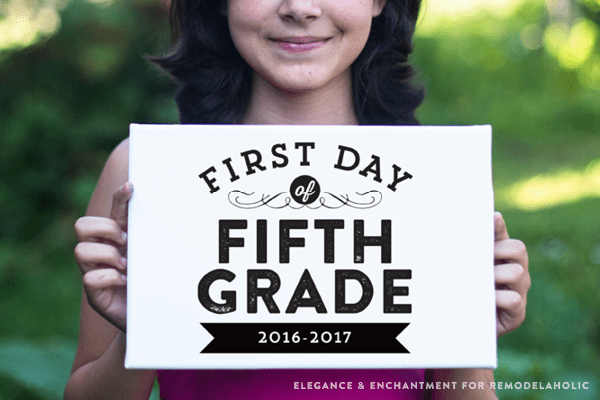 Commemorate the first day of school with the traditional photo and these free printable signs, sized 8 x 10 for the first day of school&mdash; from pre-school to 12th grade. Design by Elegance and Enchantment for Remodelaholic.
