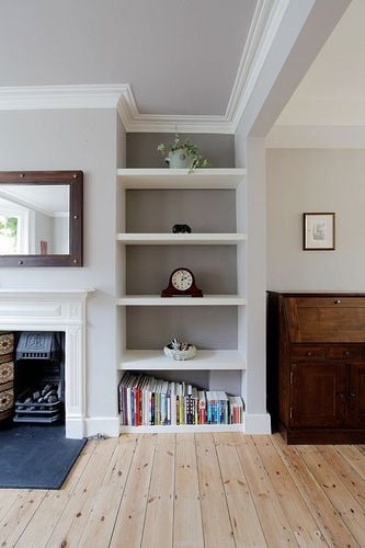 Awkward Alcove Solution: Add floating shelves | More ideas at Remodelaholic.com