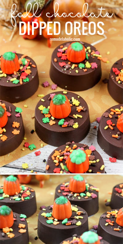 The perfect fall or halloween treat! Fall chocolate dipped oreos via Remodelaholic.com