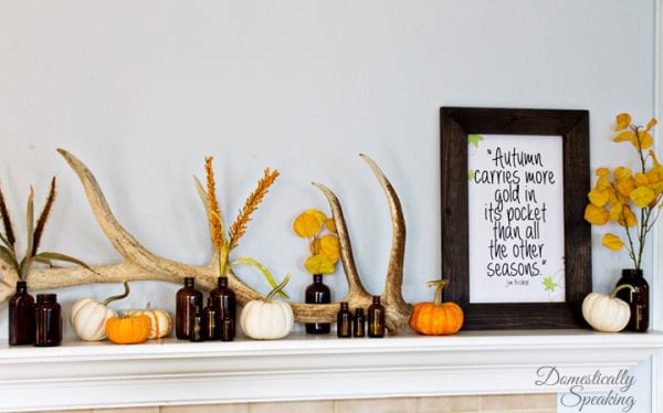 Rustic Autumn Mantel With Antlers Brown Bottles And A Cute Free Printable 2