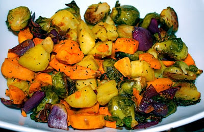 Thanksgiving Side Roasted Sweet Potatoes Yams And Brussels Sprouts